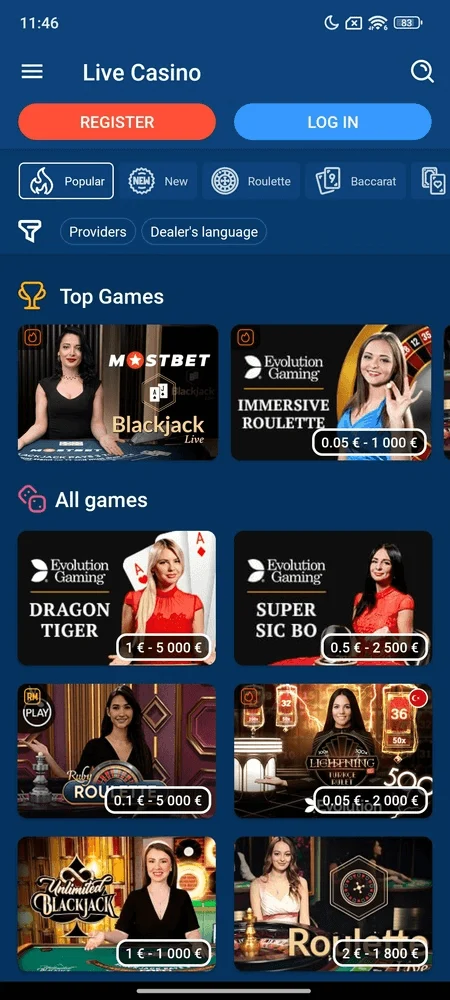 Live casino dengan dealer langsung Mostbet